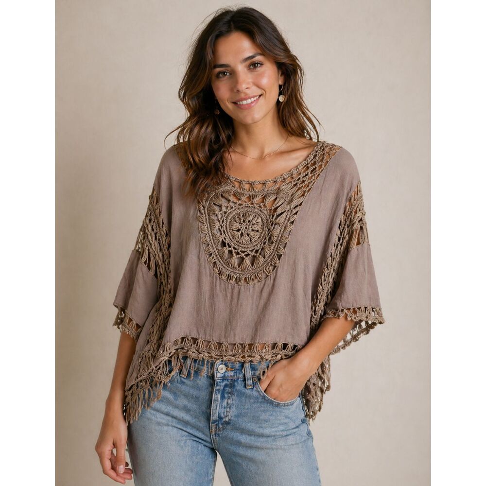 Rebellion Tan Crochet Top Size Small Boho Festival Macrame 70s Revival Hippie